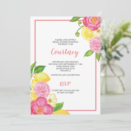 Lemon en Pink Floral Vrijgezellenfeest Partij Kaart (Staand voorkant)
