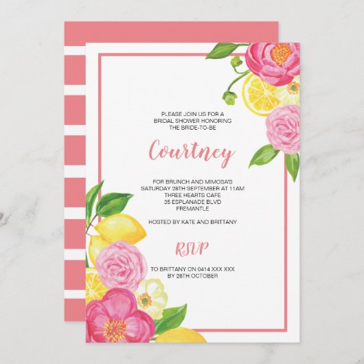 Lemon en Pink Floral Vrijgezellenfeest Partij Kaart (Voorkant / Achterkant)