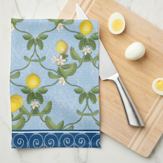 Lemon Espalier Leaf Blue French Country Floral Theedoek (Quarter Fold)