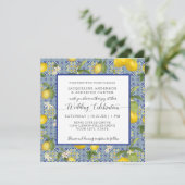 Lemon Floral Citrus Blue and White Tile Wedding Kaart (Staand voorkant)