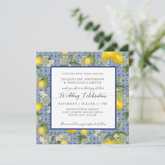 Lemon Floral Citrus Blue and White Tile Wedding Kaart (Staand voorkant)