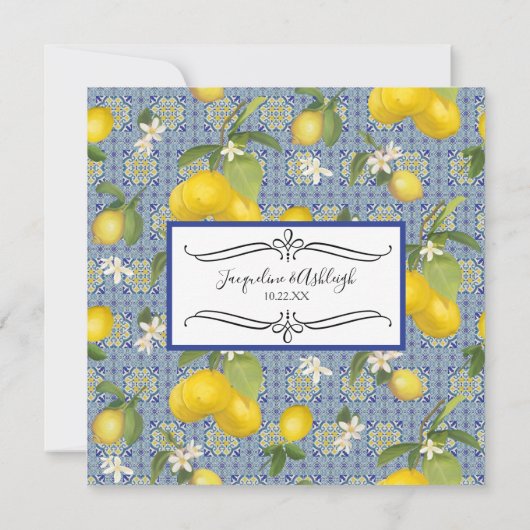 Lemon Floral Citrus Blue and White Tile Wedding Kaart (Achterkant)