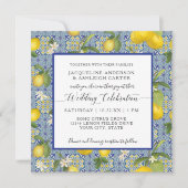 Lemon Floral Citrus Blue and White Tile Wedding Kaart (Voorkant)