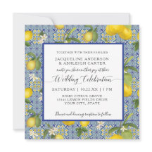 Lemon Floral Citrus Blue and White Tile Wedding