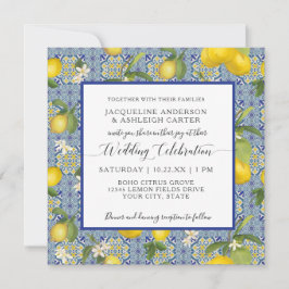 Lemon Floral Citrus Blue and White Tile Wedding Kaart