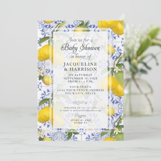 Lemon Floral Citrus Foliage Blue White Baby shower Kaart (Staand voorkant)