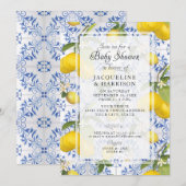 Lemon Floral Citrus Foliage Blue White Baby shower Kaart (Voorkant / Achterkant)