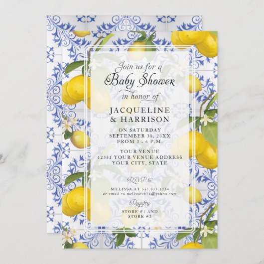 Lemon Floral Citrus Foliage Blue White Baby shower Kaart (Voorkant / Achterkant)
