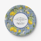 Lemon Floral Citrus Foliage Blue White Baby shower Papieren Bordje (Voorkant)