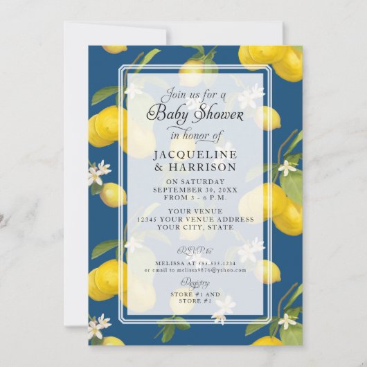 Lemon Floral Citrus Greenery Blue Baby Boy Kaart (Voorkant)