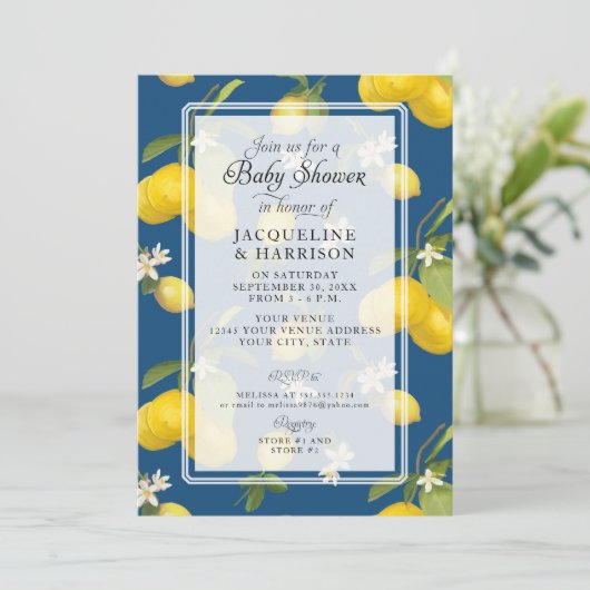 Lemon Floral Citrus Greenery Blue Baby Boy Kaart (Staand voorkant)
