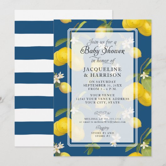 Lemon Floral Citrus Greenery Blue Baby Boy Kaart (Voorkant / Achterkant)