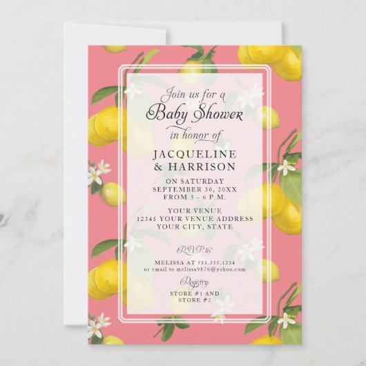 Lemon Floral Citrus Greenery Pink Baby Girl Shower Kaart (Voorkant)