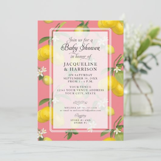 Lemon Floral Citrus Greenery Pink Baby Girl Shower Kaart (Staand voorkant)