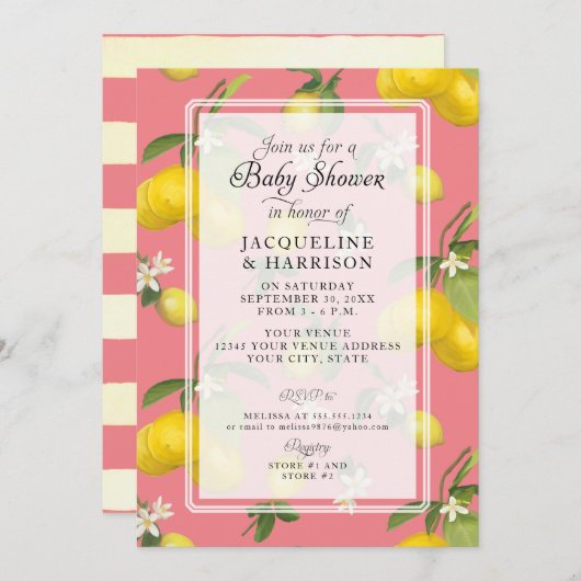 Lemon Floral Citrus Greenery Pink Baby Girl Shower Kaart (Voorkant / Achterkant)