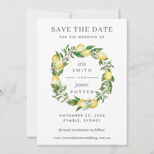 Lemon Floral Greenery Wedding Save the Date Kaart (Voorkant)