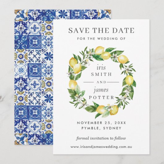 Lemon Floral Greenery Wedding Save the Date Kaart (Voorkant / Achterkant)
