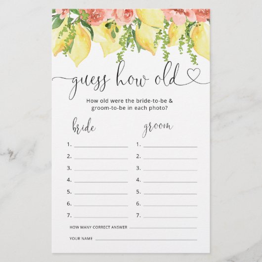 Lemon Floral Hoe oud waren ze bruid douche spel (Voorkant)