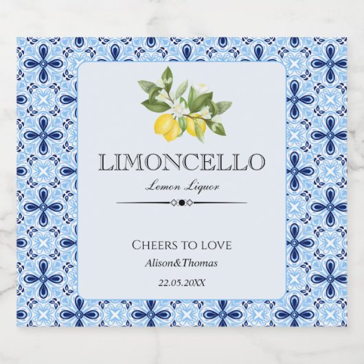 Lemon Floral Limoncello Wedding Blue Tegel Italiaa Likeurfles Etiket (Enkel label)