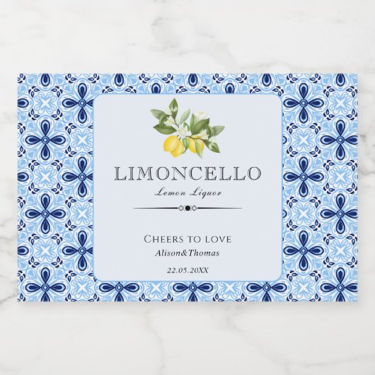 Lemon Floral Limoncello Wedding Blue Tegel Italiaa Sparkling Wijnetiket (Enkel label)