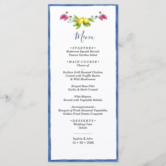 Lemon Floral Mediterranean Amalfi Wedding Menu (Voorkant)