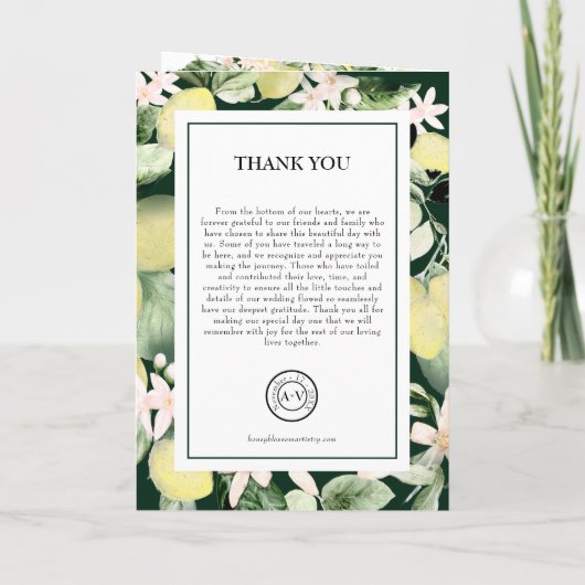 Lemon Floral Monogram Emerald Green Wedding Folded Programma (Achterkant)