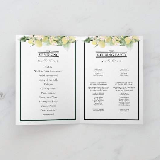 Lemon Floral Monogram Emerald Green Wedding Folded Programma (Binnen)