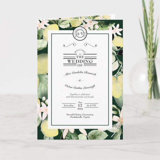 Lemon Floral Monogram Emerald Green Wedding Folded Programma (Voorkant)