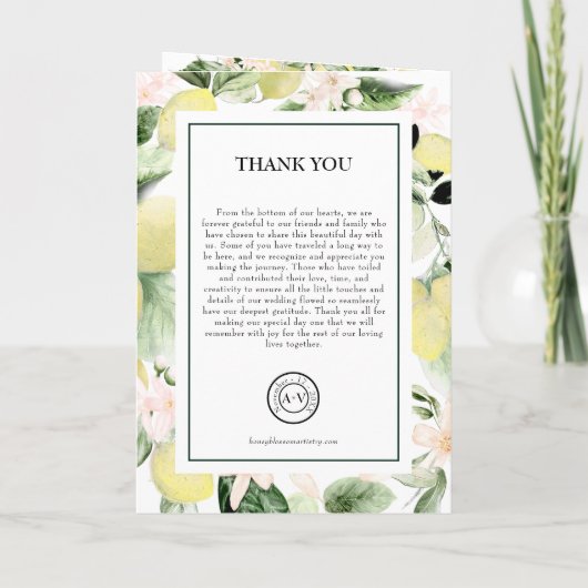 Lemon Floral Monogram White Wedding Folded Programma (Achterkant)