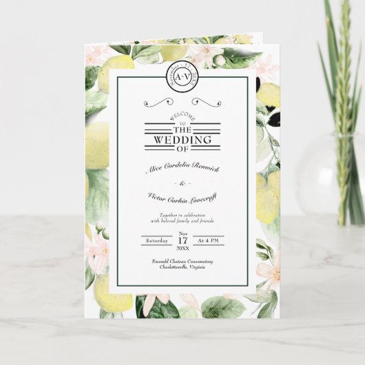 Lemon Floral Monogram White Wedding Folded Programma (Voorkant)