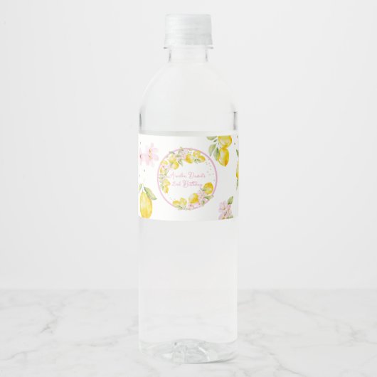 Lemon Floral Pink Birthday Waterfles Etiket (Voorkant)