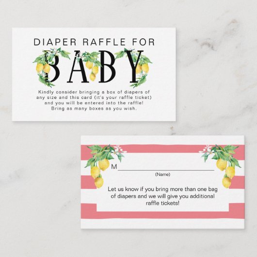 Lemon Floral Pink en White Citrus Diaper Raffle Informatiekaartje (Voorkant / Achterkant)