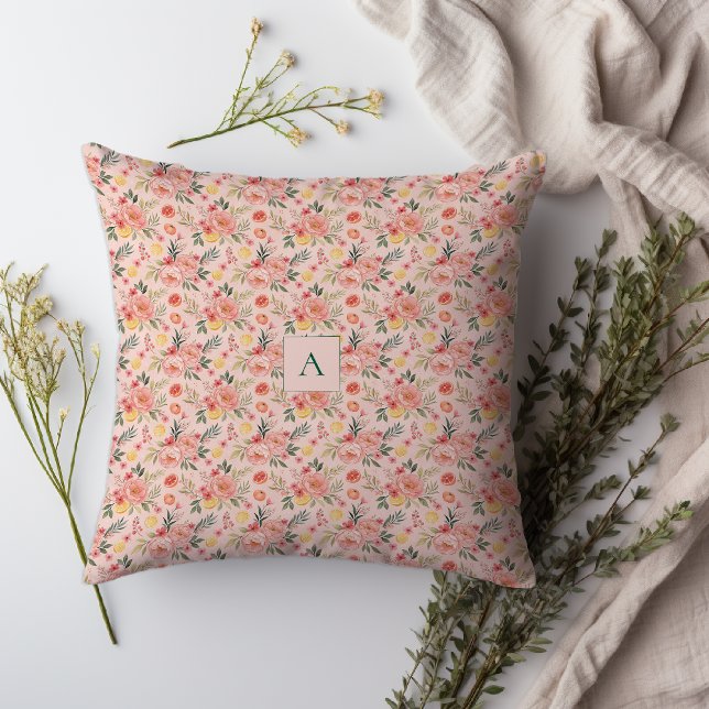 Lemon  Floral pink Peony rustic Pattern monogram Kussen (The pretty pink design is bursting with lemons, sweet little flowers, and lovely peonies/)