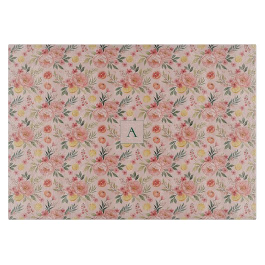 Lemon  Floral pink Peony rustic Pattern monogram Snijplank (Voorkant)