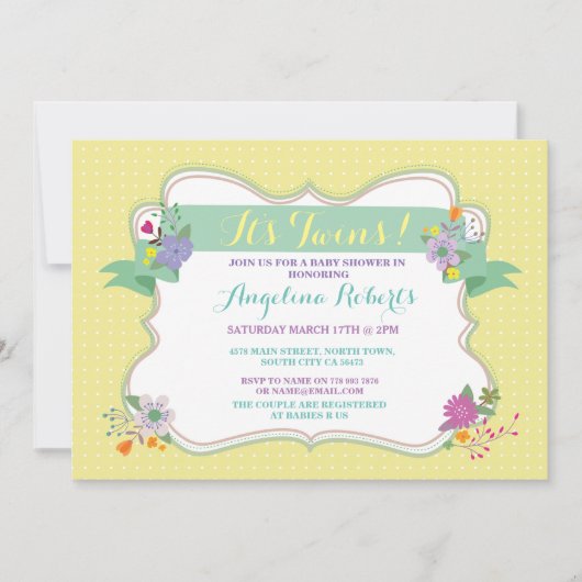 Lemon Floral Polka Dot Twins Baby shower Invite Kaart (Voorkant)