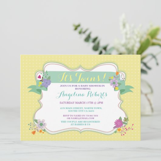 Lemon Floral Polka Dot Twins Baby shower Invite Kaart (Staand voorkant)