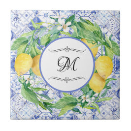  Lemon Floral WreatBlue White met Monogram Tegeltje