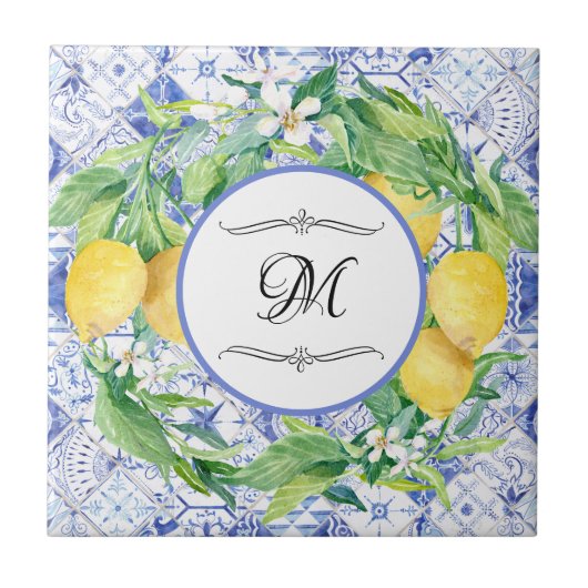  Lemon Floral WreatBlue White met Monogram Tegeltje (Voorkant)