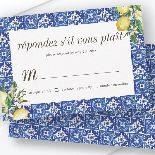 Lemon Foliage Blue Mediterranean Wedding RSVP Kaartje