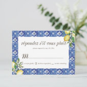 Lemon Foliage Blue Mediterranean Wedding RSVP Kaartje (Staand voorkant)