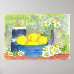 Lemon Fruit Bowl Daisy  Hatbox Waterverf Poster