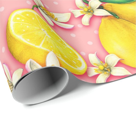 Lemon Fruit en Lemon Blossom Pink Cadeaupapier (Rol Hoek)