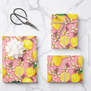 Lemon Fruit en Lemon Blossom Pink Inpakpapier Vel