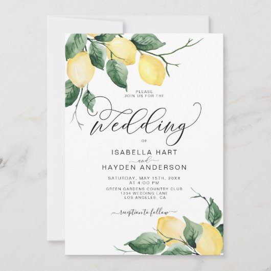 Lemon Fruit Yellow Garden Summer Botanical Wedding Kaart (Voorkant)