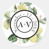 Lemon Garden Floral Monogram White Wedding Ronde Sticker (Voorkant)