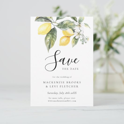 Lemon Garden Mediterrane Waterverf bruiloft Save The Date (Staand voorkant)