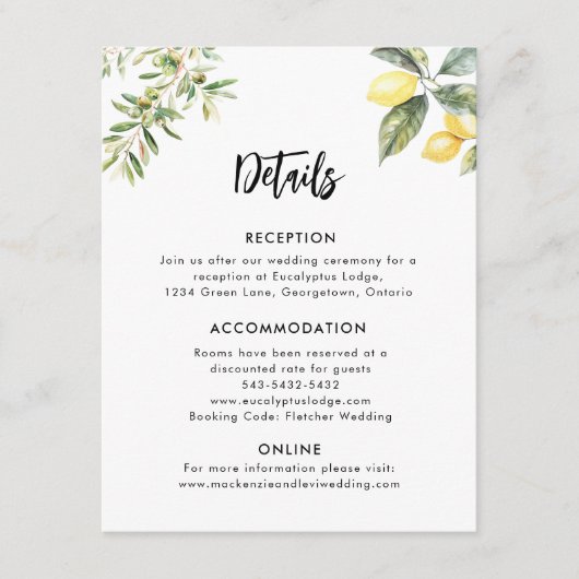 Lemon Garden Wedding Details Behuizing Kaart (Voorkant)