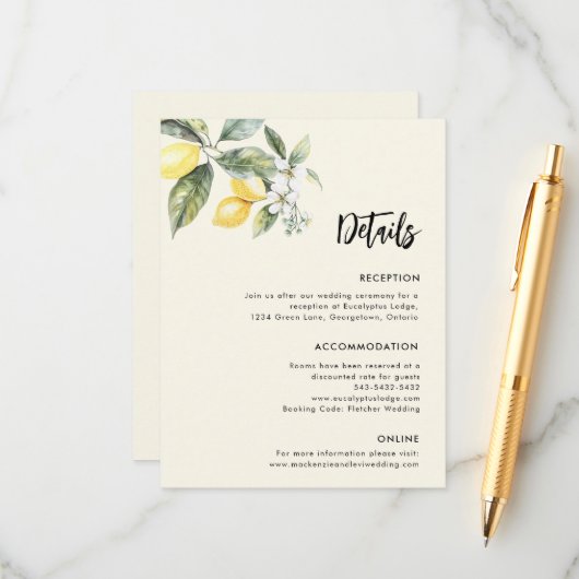 Lemon Garden Wedding Details Eenvoudige behuizing Informatiekaartje (Voorkant / Achterkant in situ)