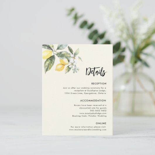 Lemon Garden Wedding Details Eenvoudige behuizing Informatiekaartje (Staand voorkant)