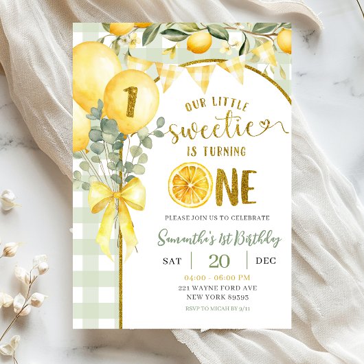 Lemon Gingham 1e verjaardagsuitnodiging Kaart